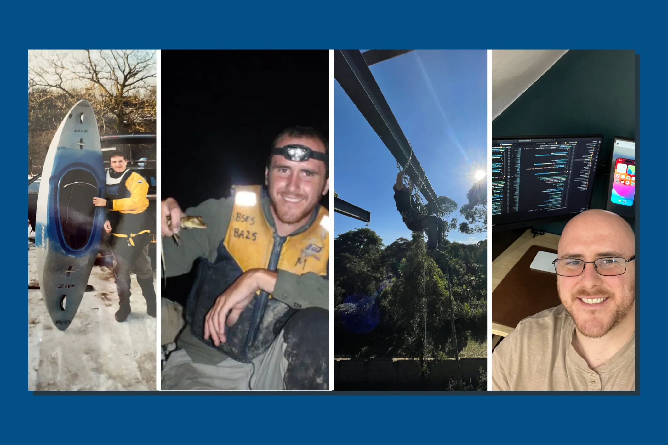 A four-panel collage of Risk Memo's founder: holding a kayak as a teenager, on a night expedition, rope-access work up a pylon, and coding at a desk